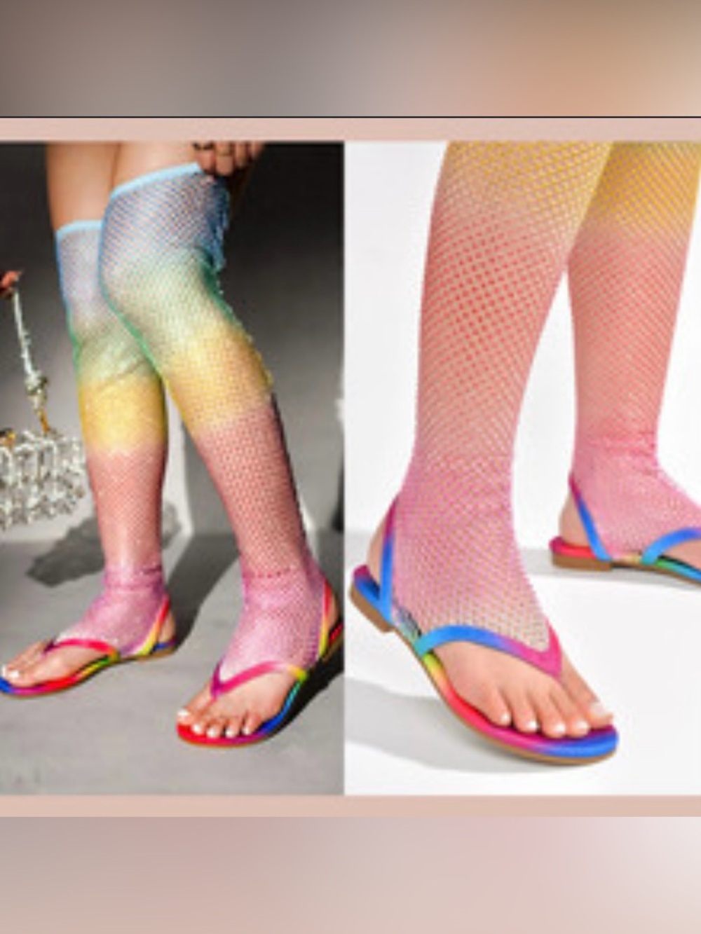 Cape Robbin "Hude" rhinestone mesh thigh-high flat sandals in a rainbow